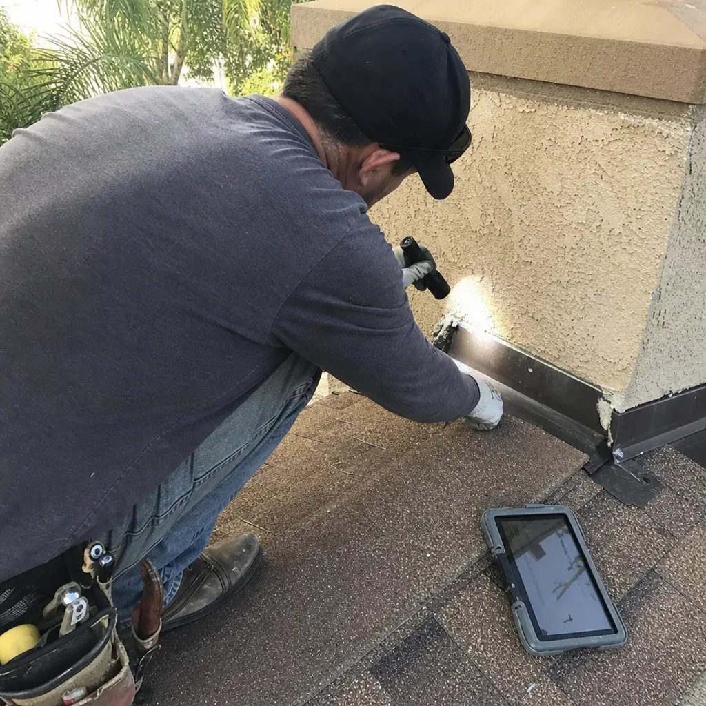 Roofing technician performing a professional chimney inspection on a residential roof.