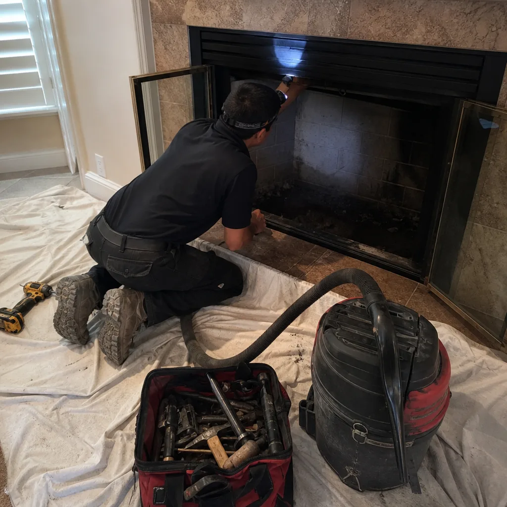 Chimney sweep inspecting a fireplace interior with professional equipment