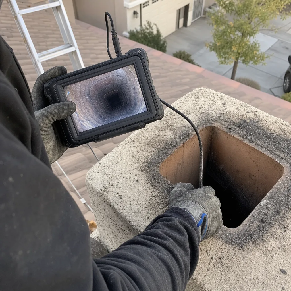 Professional technician using a chimney inspection camera to examine flue condition