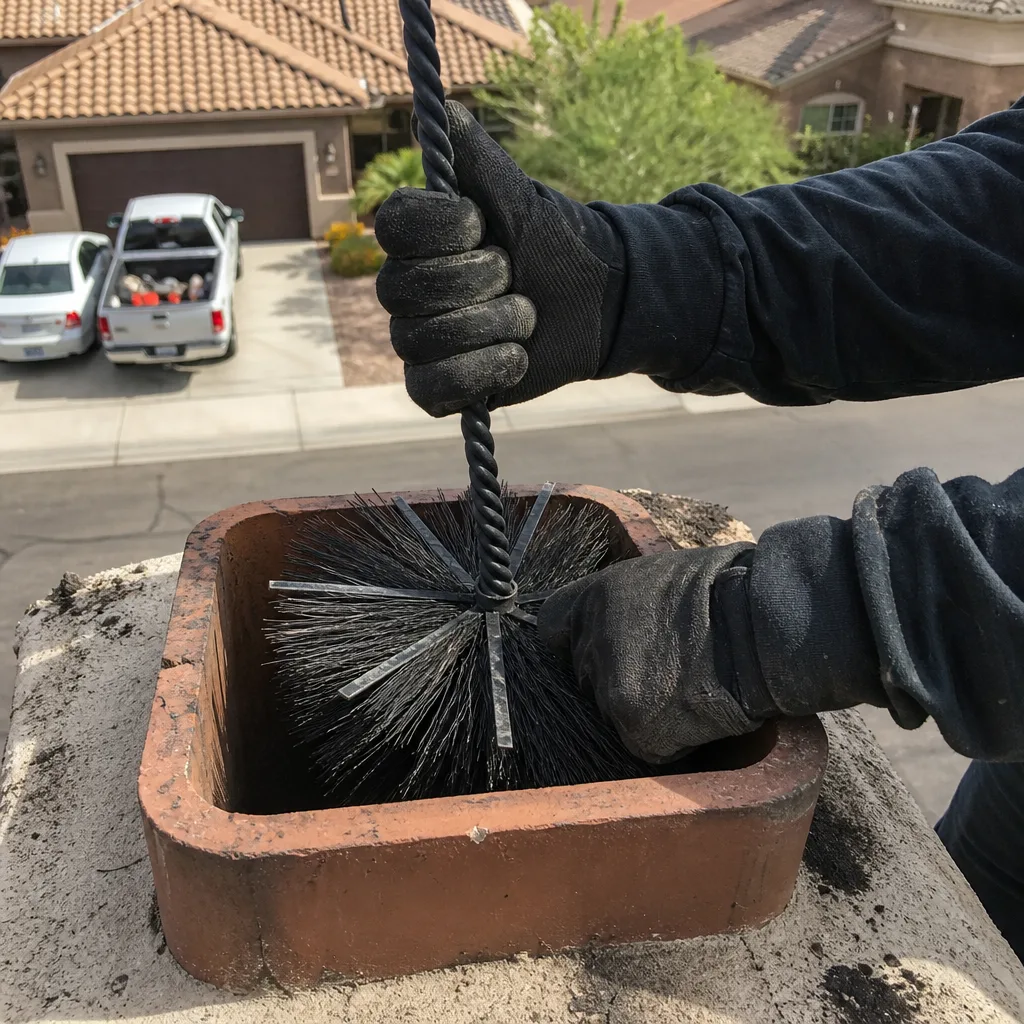 Professional chimney sweep cleaning a fireplace flue with a wire brush.