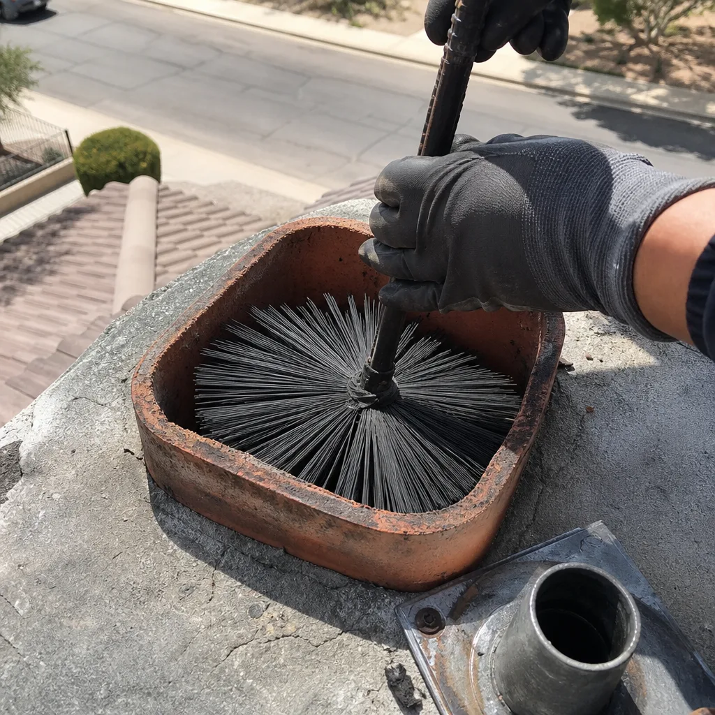 professional chimney sweep cleaning a fireplace flue from the roof