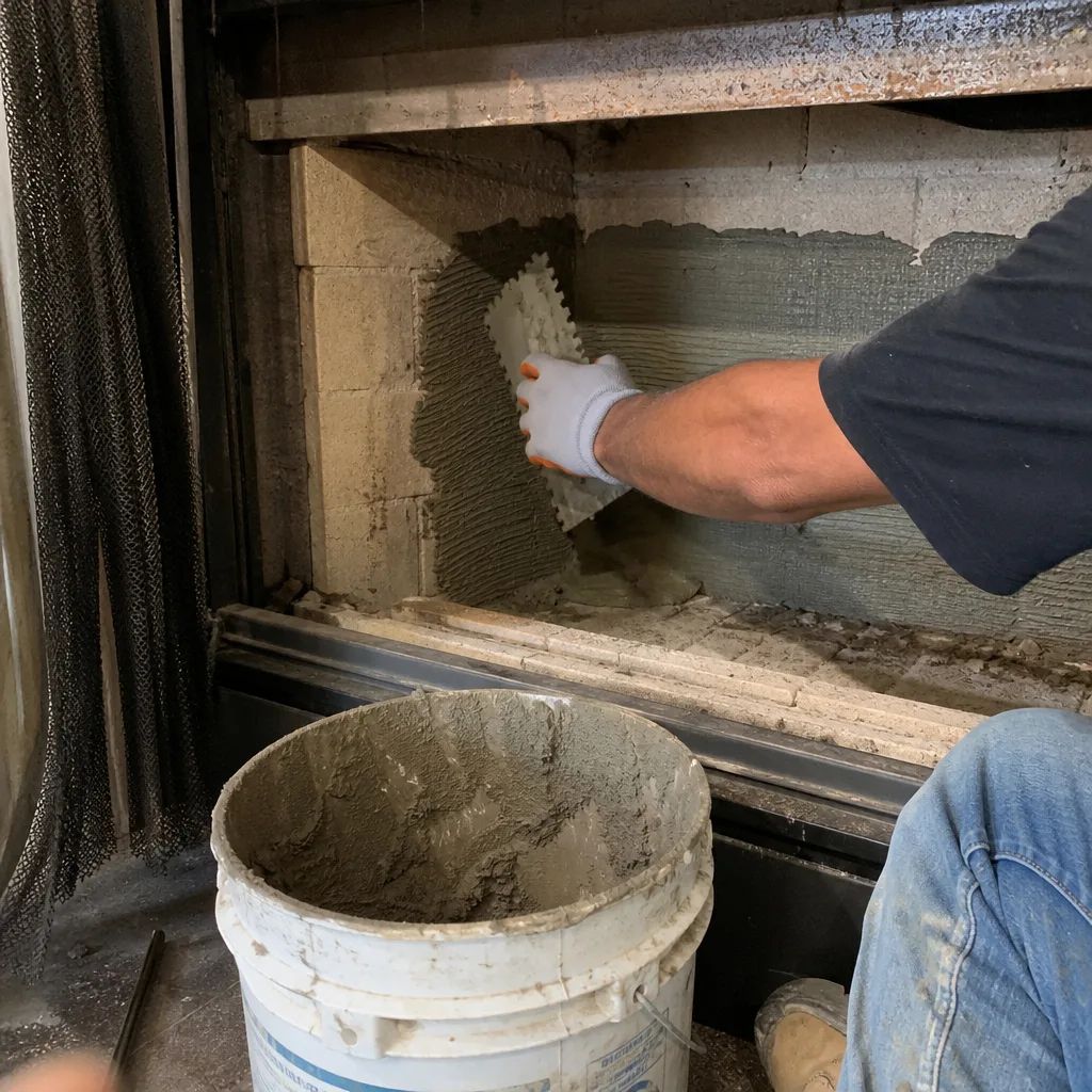 Professional contractor applying mortar to a fireplace firebox for repair